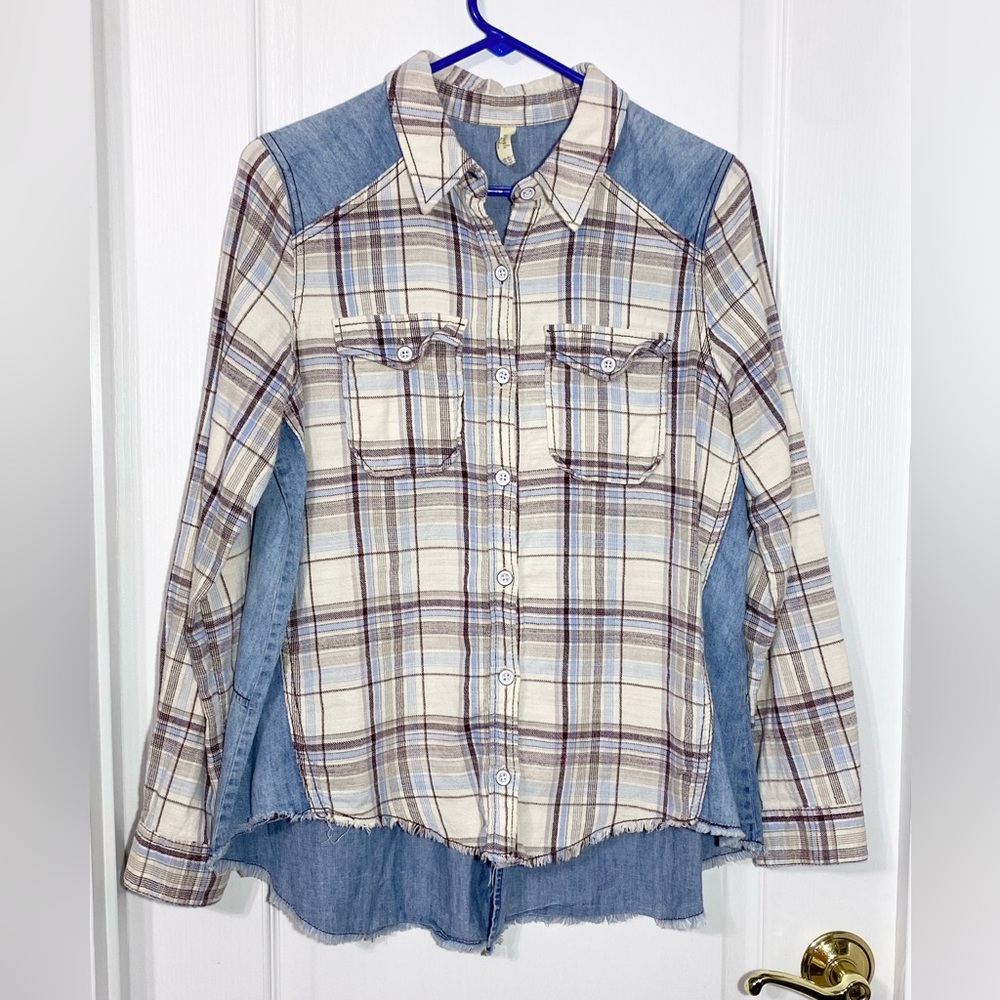 Free People Plaid Flannel & Denim Loose Fit Button Down Shirt Size Medium